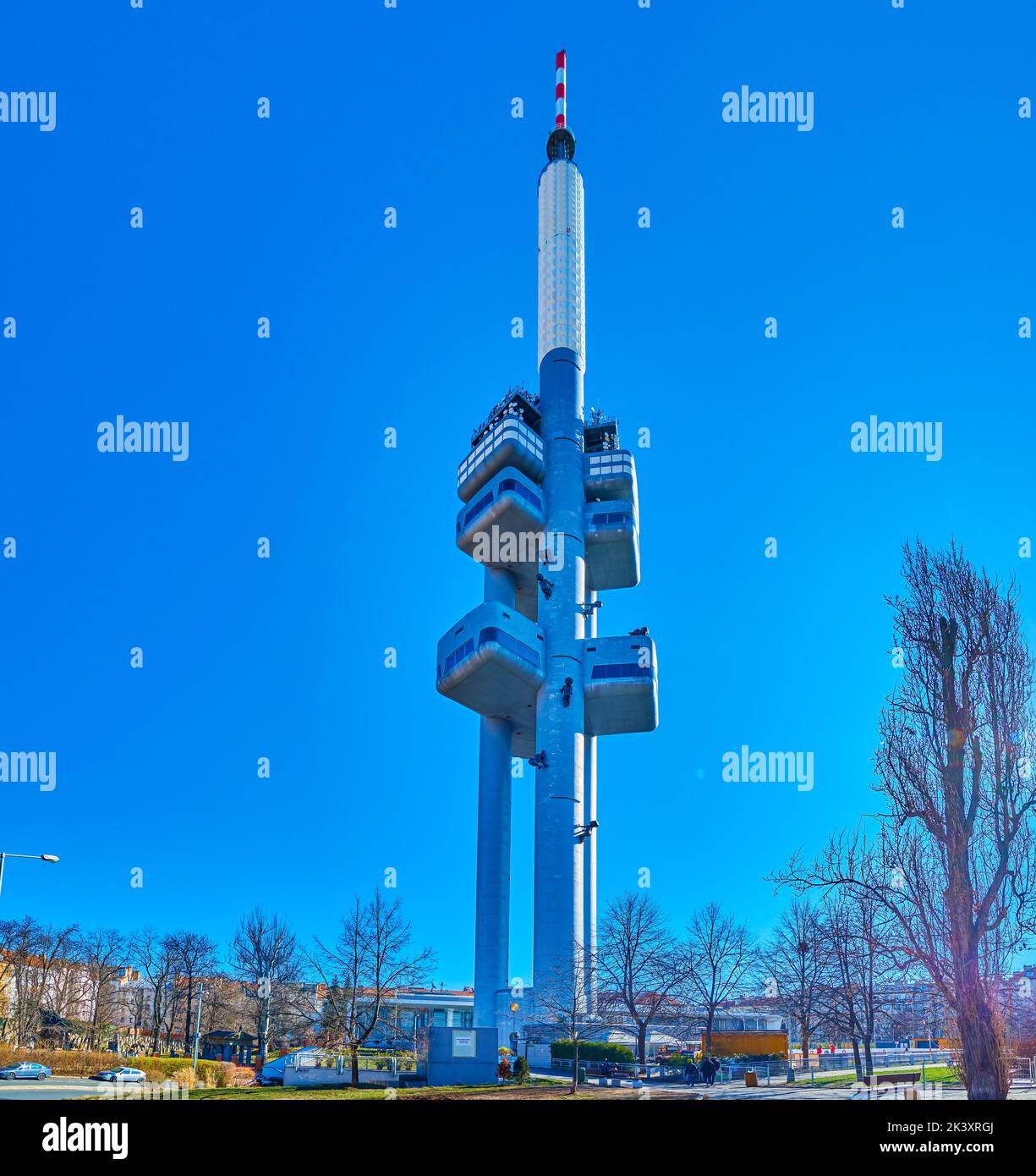 PRAGUE, CZECH REPUBLIC - MARCH 12, 2022: Zizkov TV Tower, the iconic observation tower with restaurant and vieving terrace, on March 12 in Prague, Cze Stock Photo