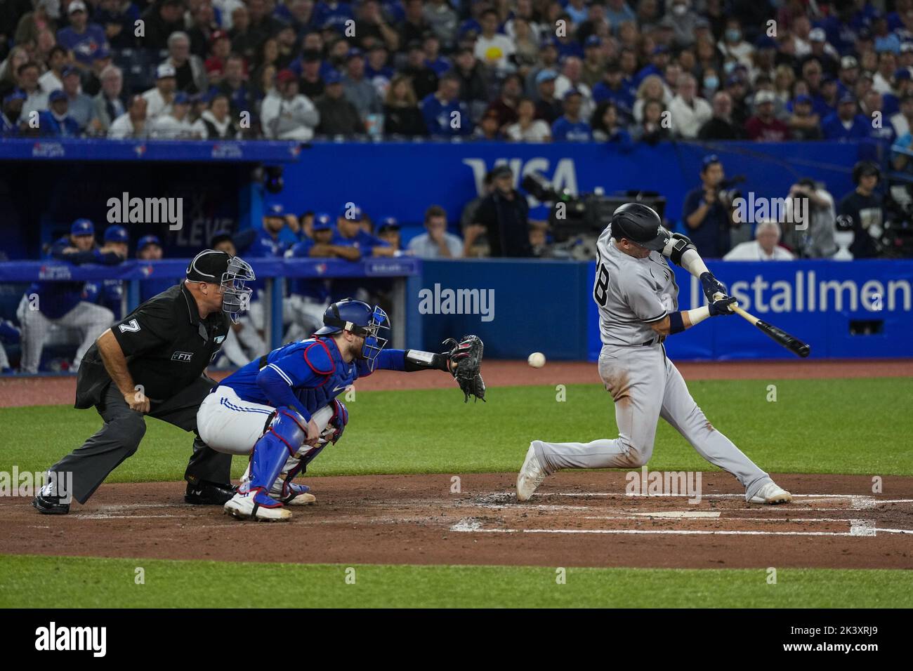 Toronto, Canada. 28th Sep, 2022. New York Yankees third baseman Josh Donaldson strikes out in the second inning against the Toronto Blue Jays at Rogers Centre in Toronto, Canada on Wednesday, September 28, 2022. Aaron Judge is one home run away from tying the American League and Yankees club record with 61 home runs set by Roger Maris. Photo by Andrew Lahodynskyj/UPI Credit: UPI/Alamy Live News Stock Photo