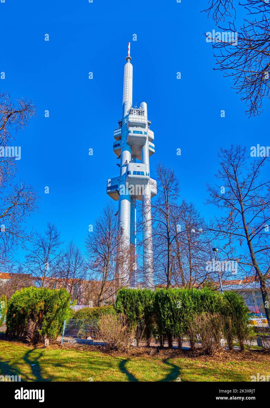 PRAGUE, CZECH REPUBLIC - MARCH 12, 2022: Prague Tower, the most unusual building in the city, located in Mahlerovy Park, on March 12 in Prague, Czech Stock Photo
