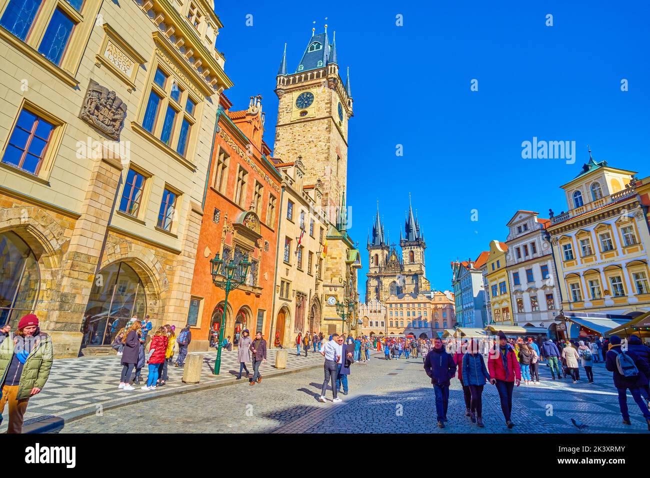 PRAGUE, CZECH REPUBLIC - MARCH 12, 2022: Staromestske namesti (Old Town Square) with Olt Town Hall and its Tower with Astronomical Clock, on March 12 Stock Photo