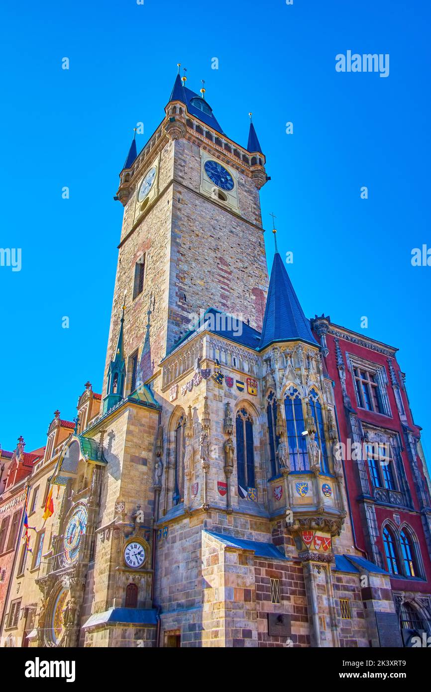 Old Town Hall with its tower is the most fascinated medieval buildings of Staromestske namesti (Old Town Square) of Prague, Czech Republic Stock Photo
