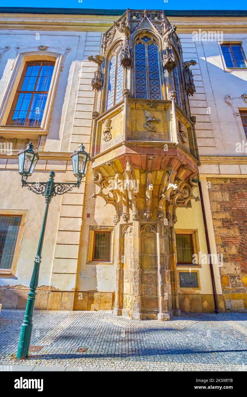 Oriel (Bay) Window the Gothic styled element of Karolinum, the  Charles University building of Prague, Czech Republic Stock Photo