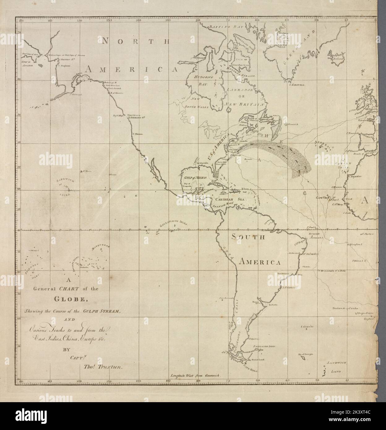 General chart of the globe, shewing the course of the Gulph Stream.... Truxtun, Thomas, 1755-1822. Cartographic. Maps. 1794. Lionel Pincus and Princess Firyal Map Division. Gulf Stream, World maps Stock Photo