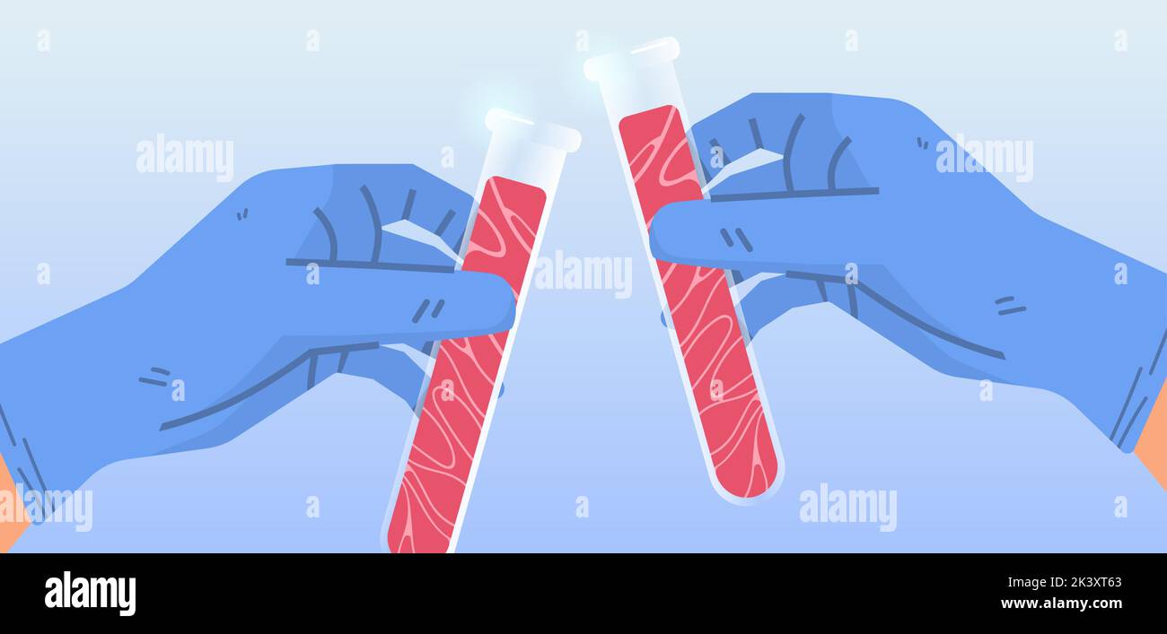 scientist hands holding test tubes with cultured red raw meat made from animal cells artificial lab grown meat production concept horizontal vector il Stock Vector