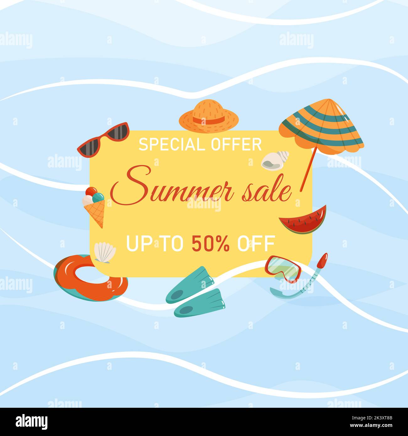 Vector banner design of summer sale with colorful beach elements ...