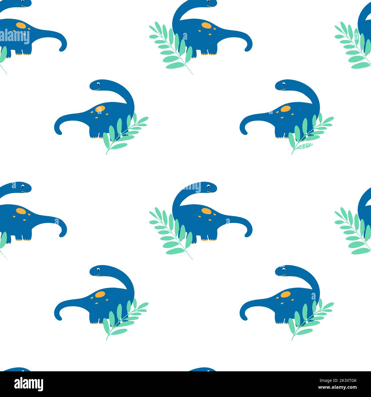 Vector seamless pattern with dinosaurs and leaves in cartoon flat ...