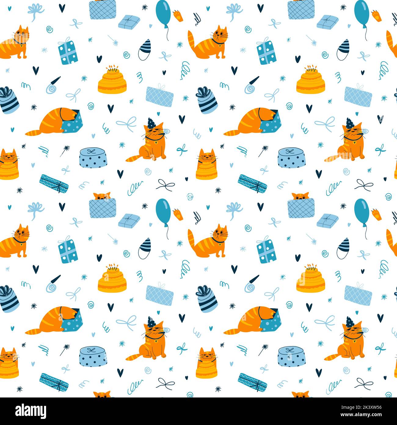 Vector seamless pattern with funny birthday cats on white background ...