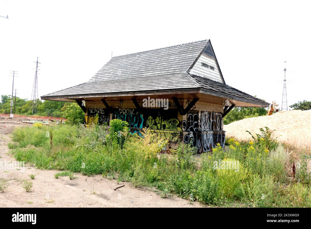 Small dilapidated Linden Yard train station located on the bicycle trail near Cedar Lake. Minneapolis Minnesota MN USA Stock Photo