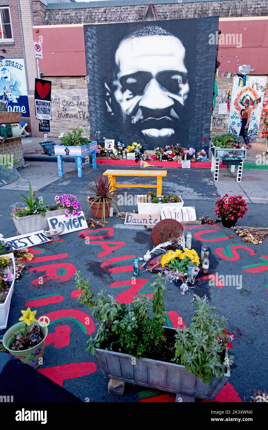 Chicago and 36th George Floyd Memorial a sacred place with flowers and art with a large portrait of George Floyd. Minneapolis Minnesota MN USA Stock Photo