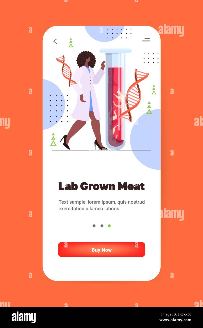 scientist holding test tube with cultured red raw meat made from animal cells artificial lab grown meat production concept vertical copy space vector Stock Vector