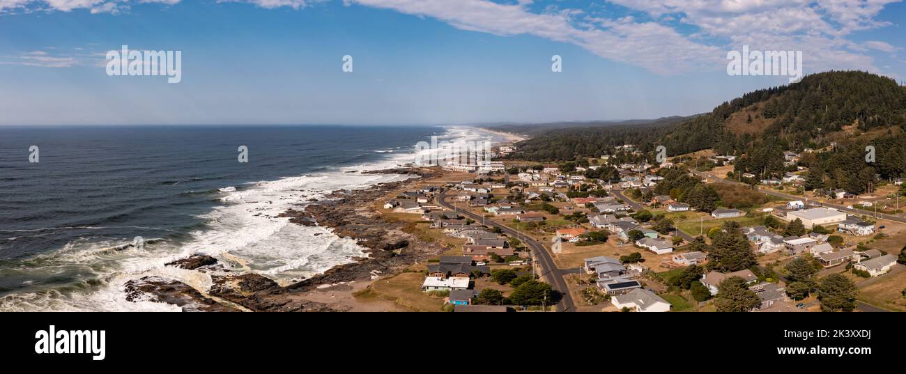 The town of Yachats at the central Oregon Coast.  Stock Photo
