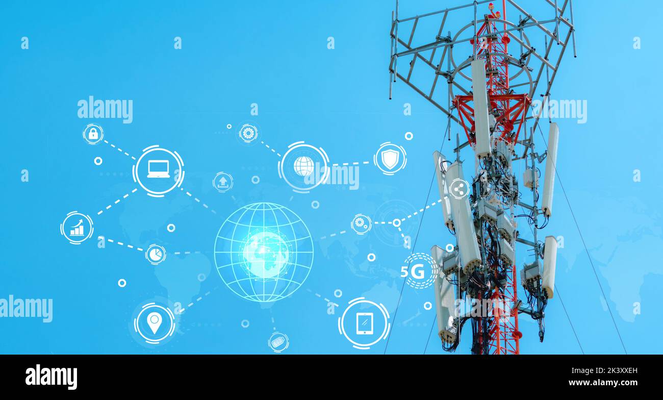 Telecommunication tower for 5g network. Antenna on blue sky. Communication technology. Telecommunication industry. Mobile or telecom 5g network. Netwo Stock Photo