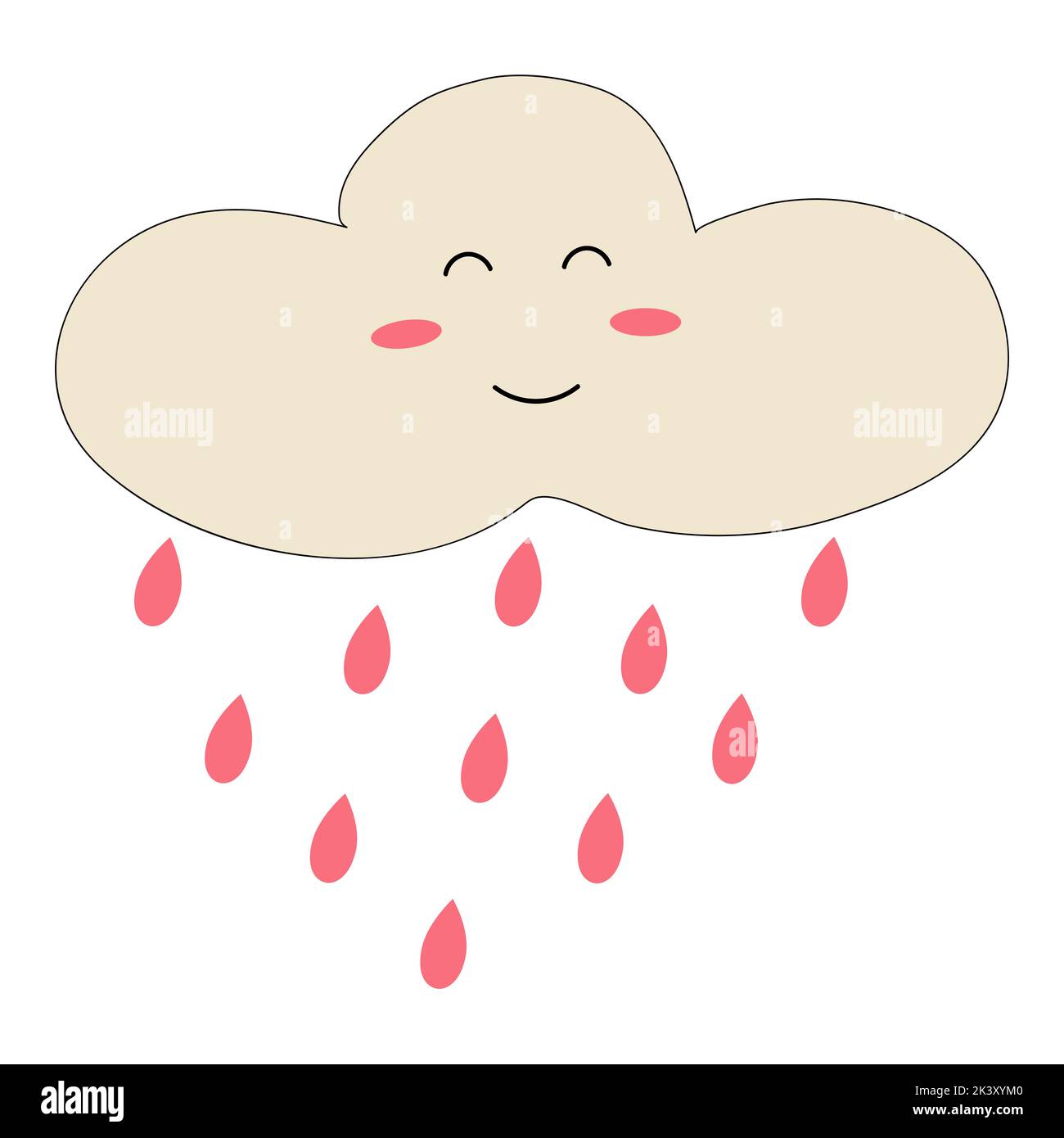 Vector illustration of cloud with raindrops in cartoon flat style. Anthropomorphic smiling character for textile, card, product desing, background, wr Stock Vector