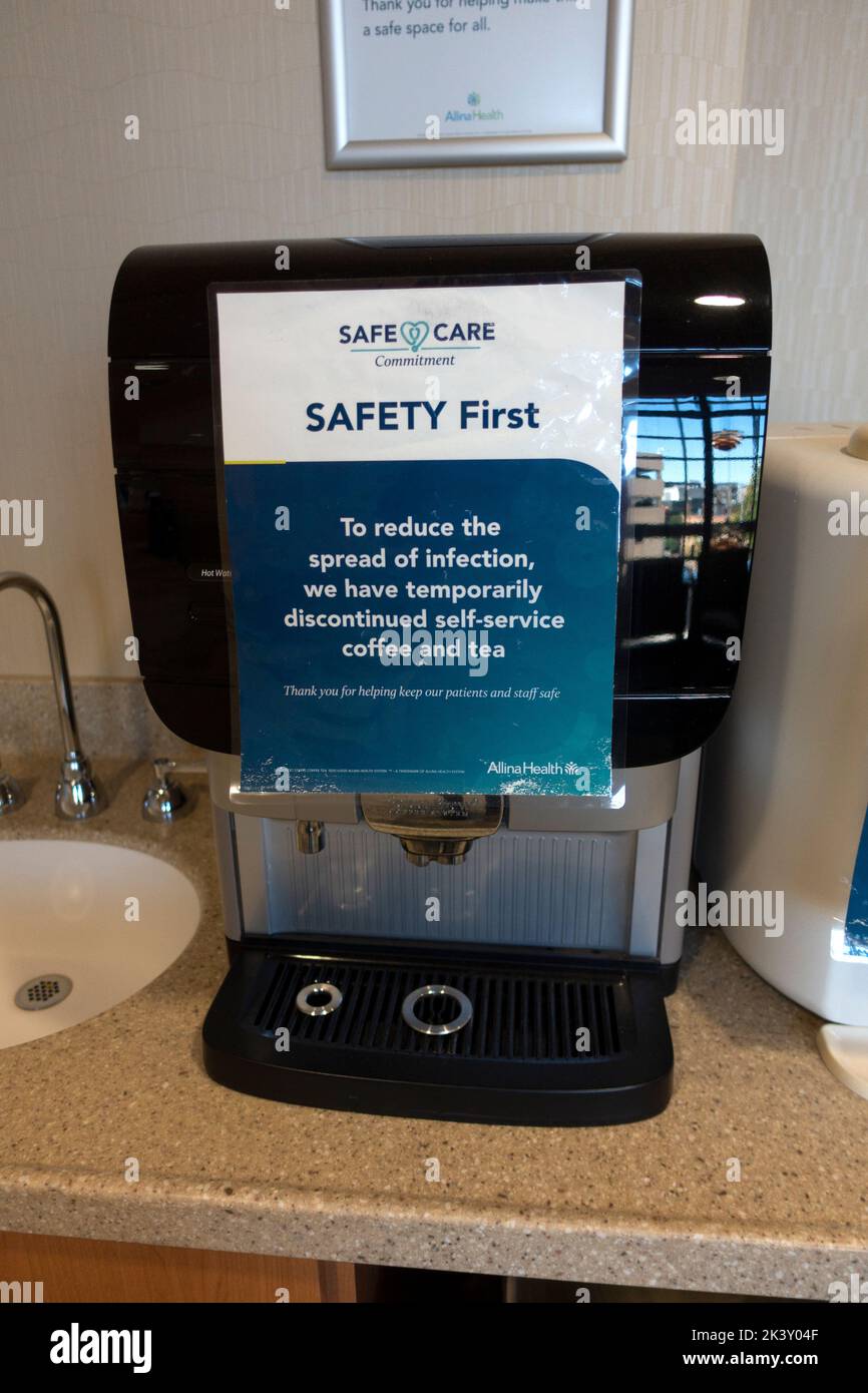 During the Covid pandemic this self-service coffee and tea machine has been discontinue to help stop the virus. St Paul Minnesota MN USA Stock Photo