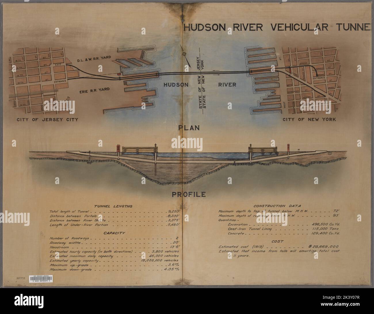 Hudson River Vehicular Tunnel Holland Tunnel 1922. Cartographic. Maps. Lionel Pincus and