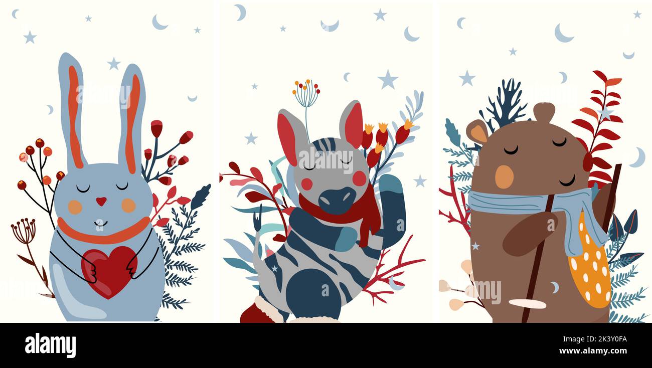 Winter background with cute rabbit holding a heart, funny zebra, bear and  colorful leaves. Winter animals. Perfect for greeting cards, poster,  postcard, banner. Vector Stock Vector Image \u0026 Art - Alamy, image size:1300x734