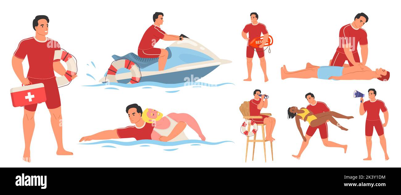 Beach lifeguard character flat vector illustration. Water rescue duty. Rescuer man at work swimming on boat, saving woman and male person life, holdin Stock Vector