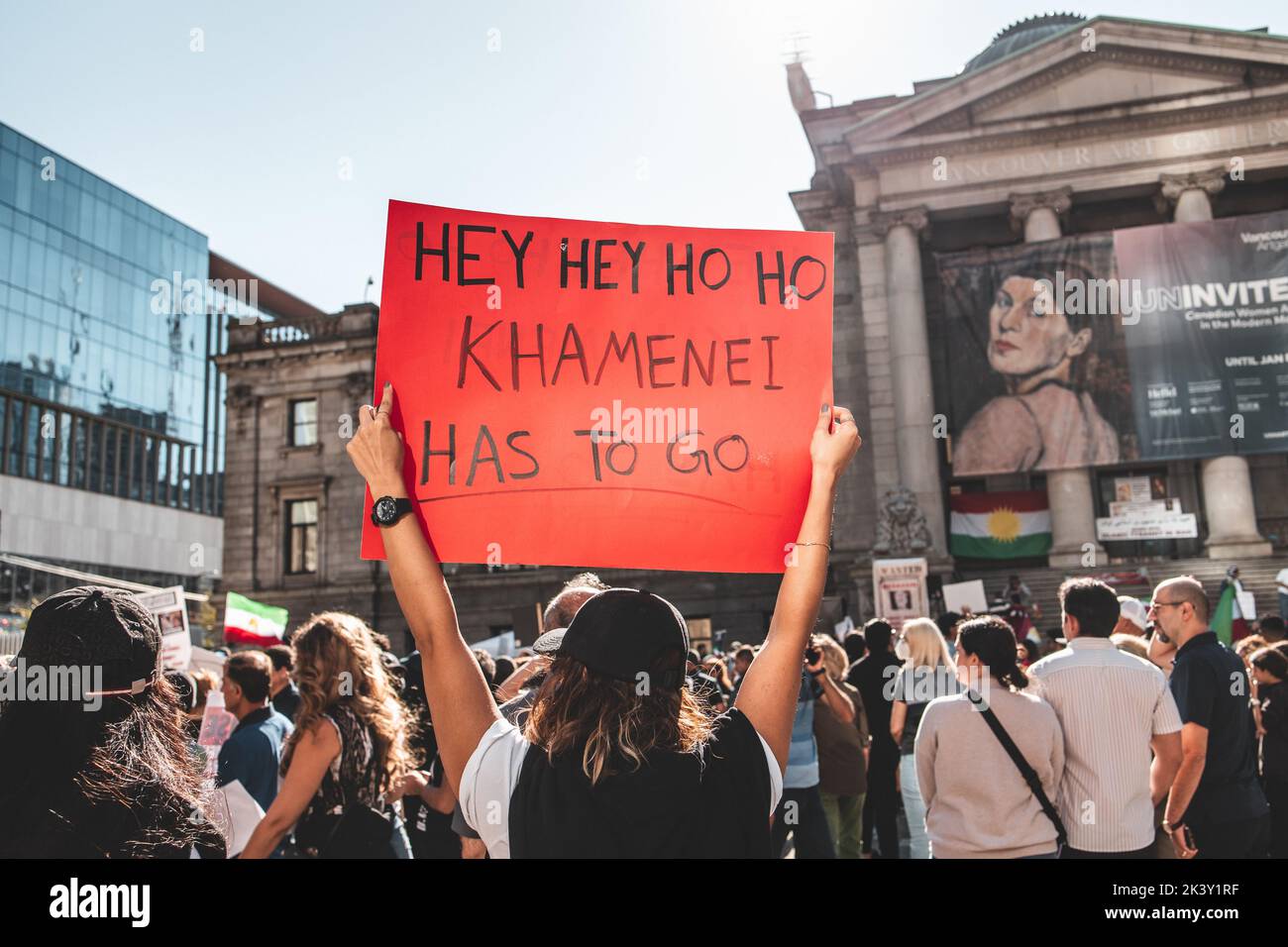 Vancouver, Canada - September 25,2022: Huge rally in support of Iranian protests in front of Vancouver Art Gallery. View of sign Khamenei has to go Stock Photo