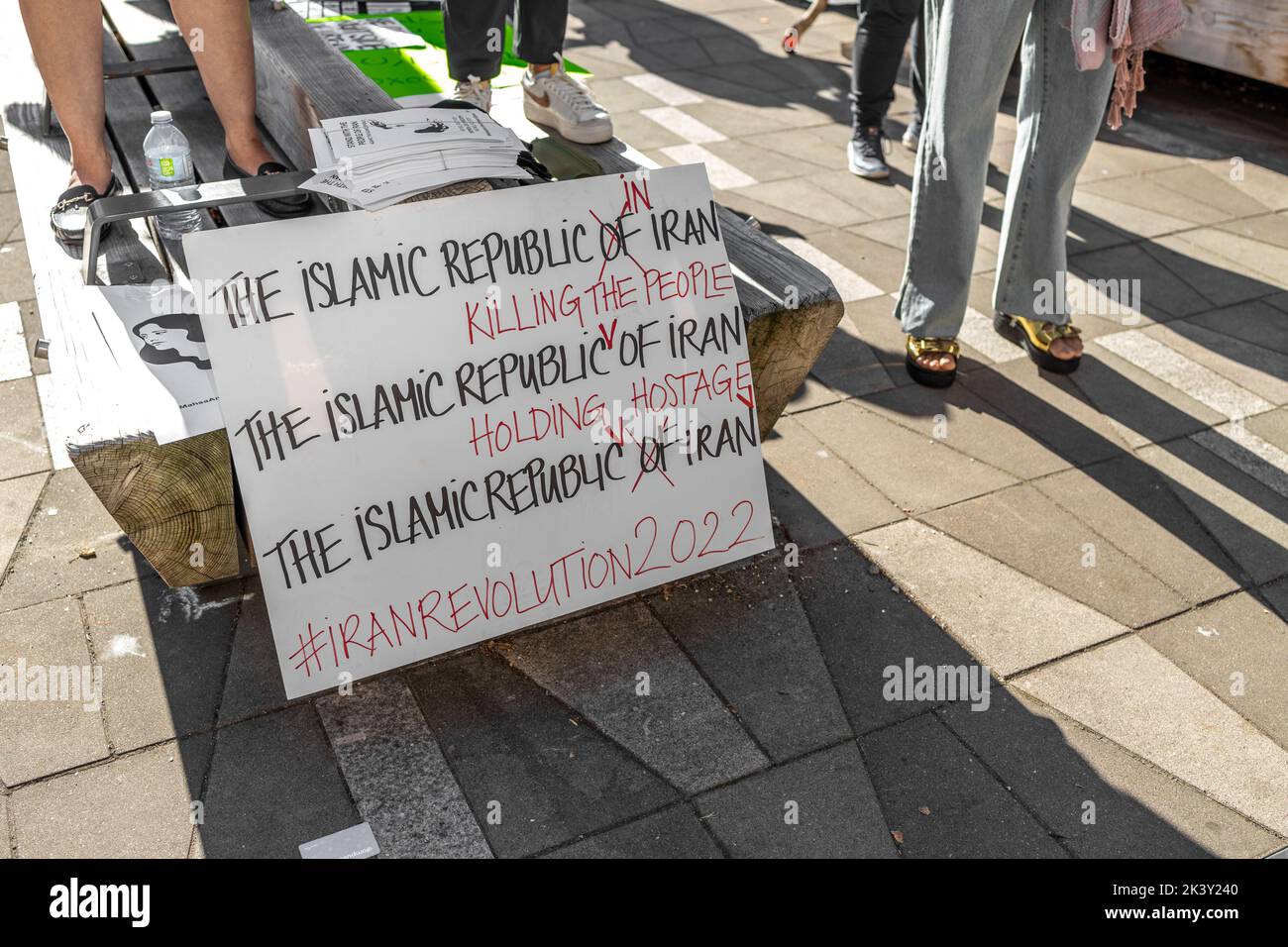 Vancouver, Canada - September 25,2022: Huge rally in support of Iranian protests in front of Vancouver Art Gallery. View of sign The Islamic Republic Stock Photo