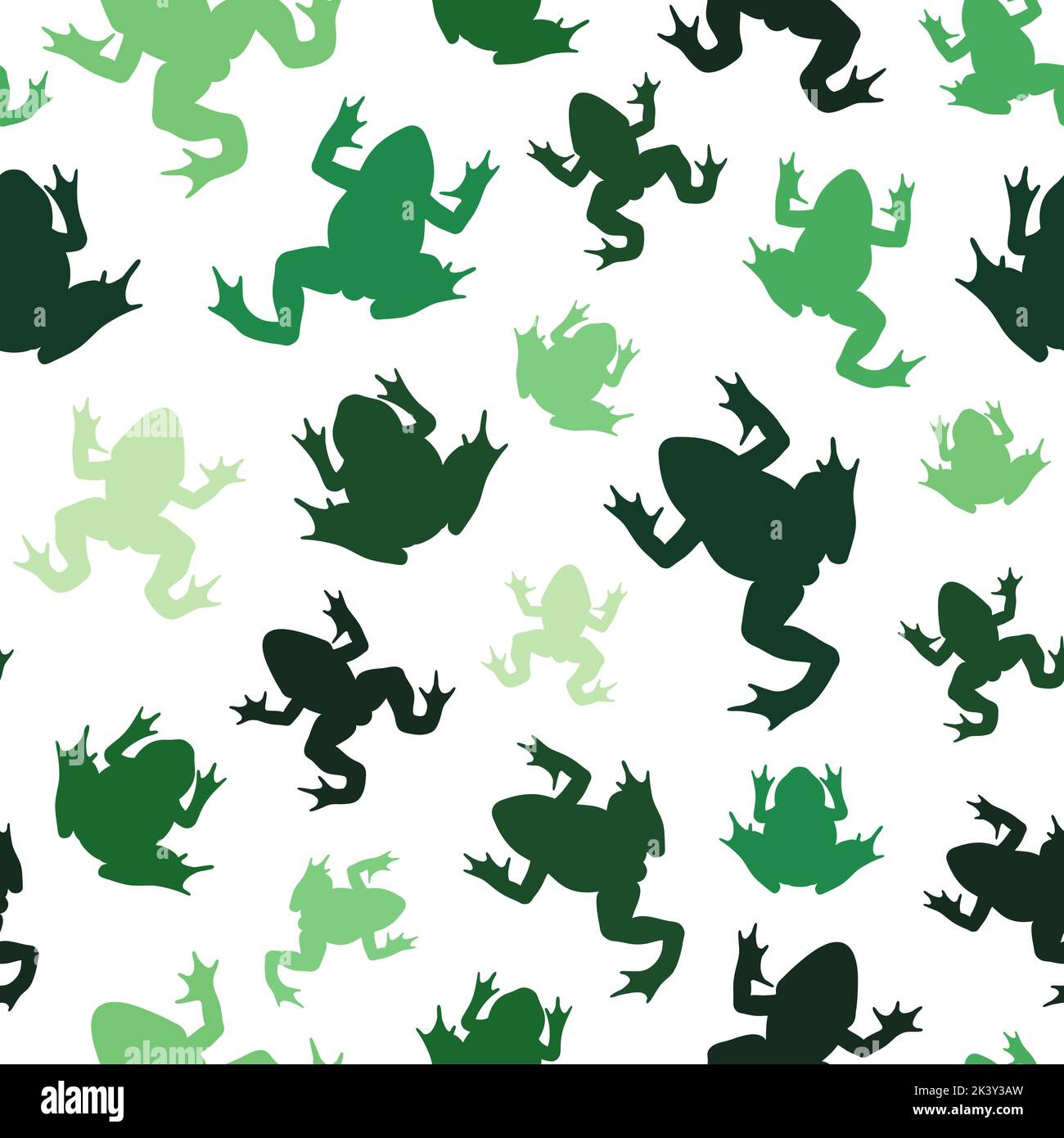 Seamless pattern with green silhouettes of river frogs. Colored vector background on white. Stock Vector