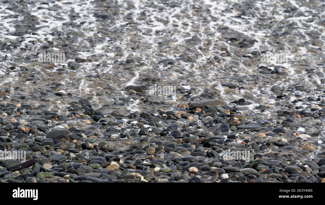 The froth from a wave rolls back over pebbles on the beach on its way back into the sea. Stock Photo