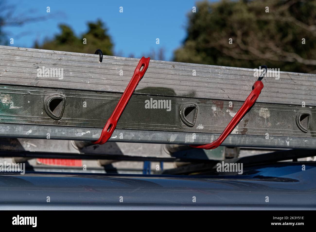 A ladder is held onto a vehicle's roof rack with red stretchy cords