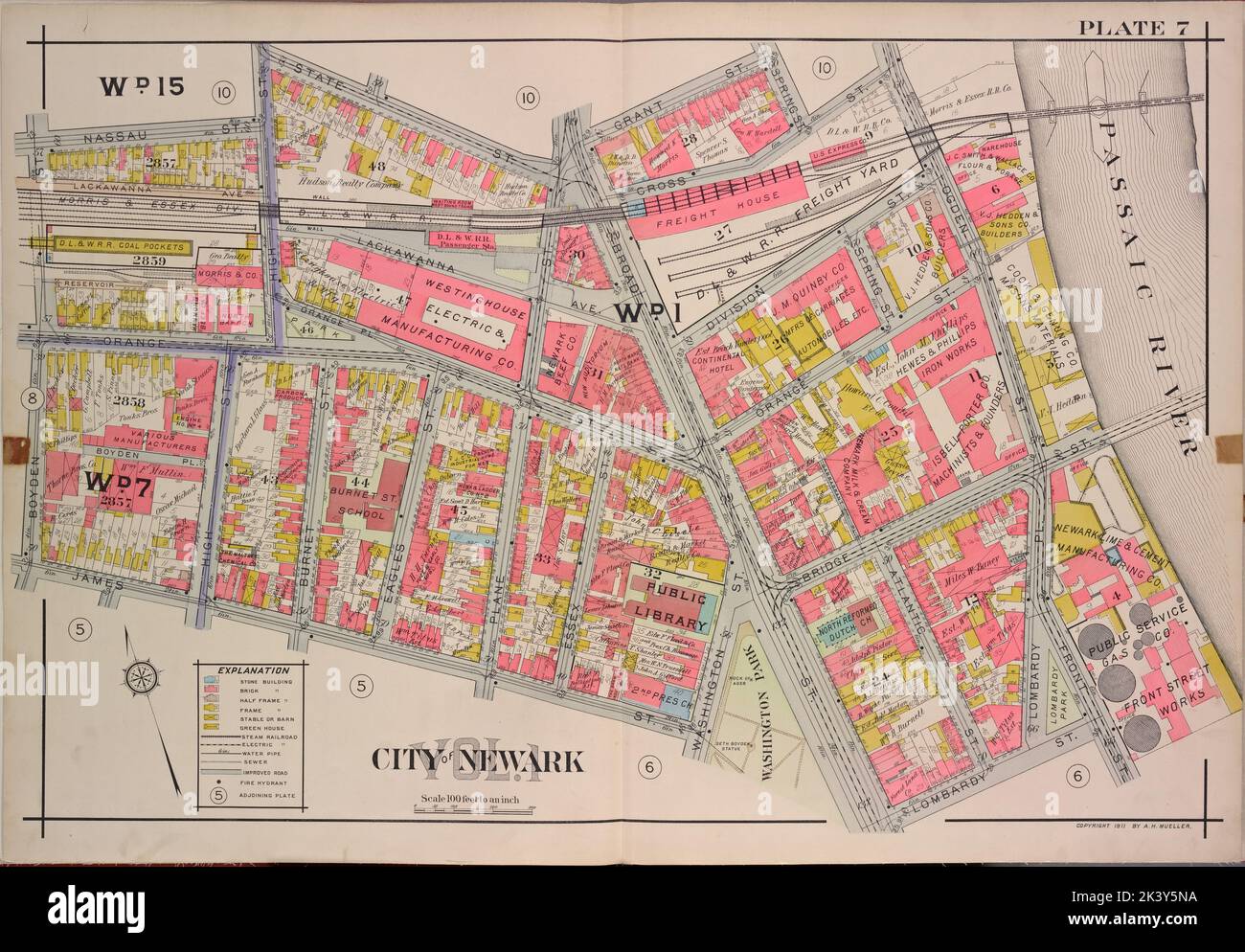 Newark, V. 1, Double Page Plate No. 7 Map bounded by State St., Grant St., Passaic River