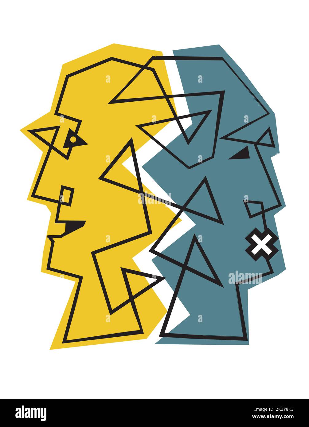 Schizophrenia, depression, bipolar disorder, male heads, lineart.   Illustration of connected Male heads. Concept symbolizing mental illness. Stock Vector