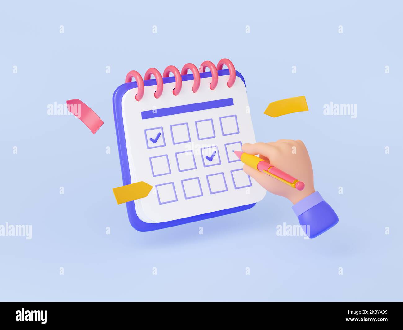 3d render hand with pencil put check marks in calendar. Planning events ...