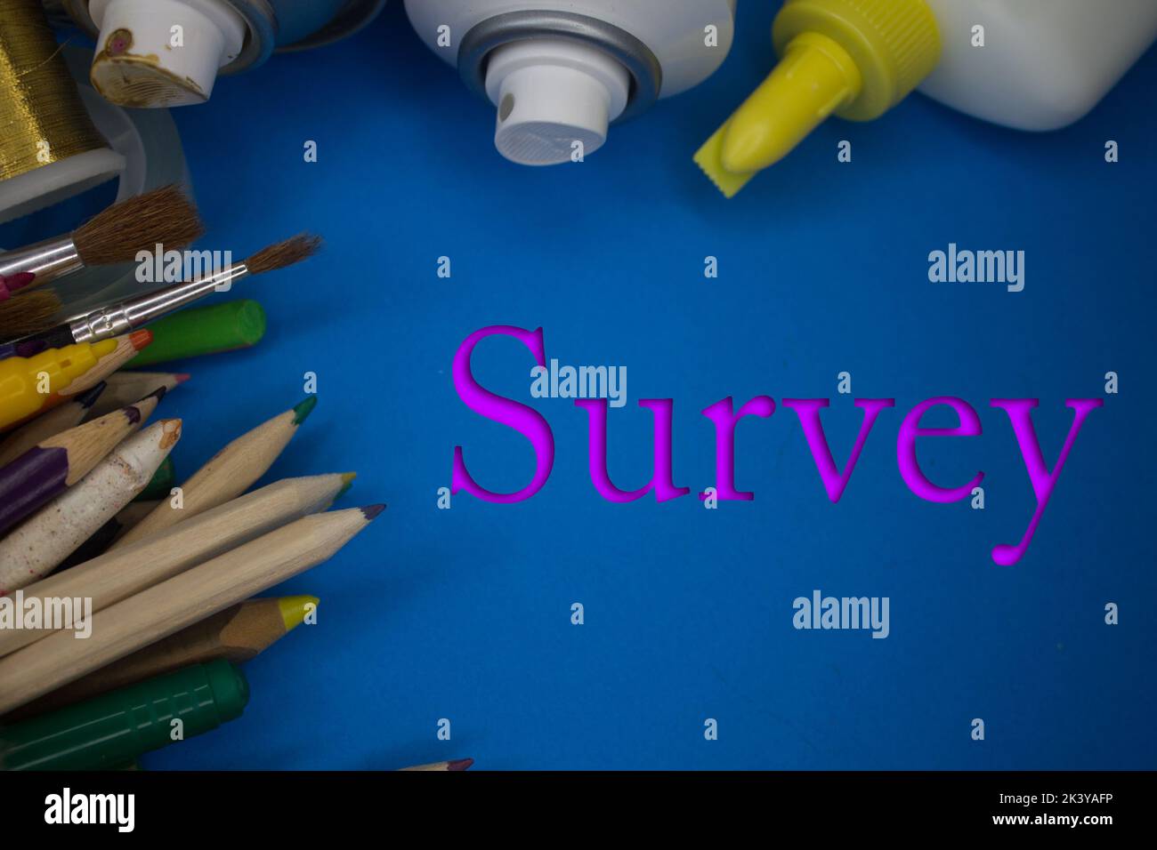 Overhead shot of school supplies with Survey text. Brushes, pencils, artistic tools. Art And Craft Work Tools. Stock Photo