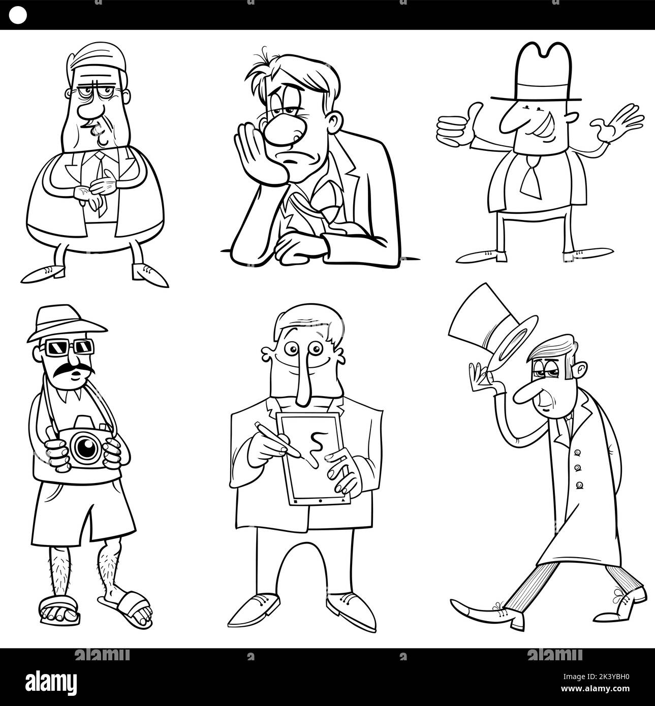 Black and white cartoon illustration of funny men comic characters set