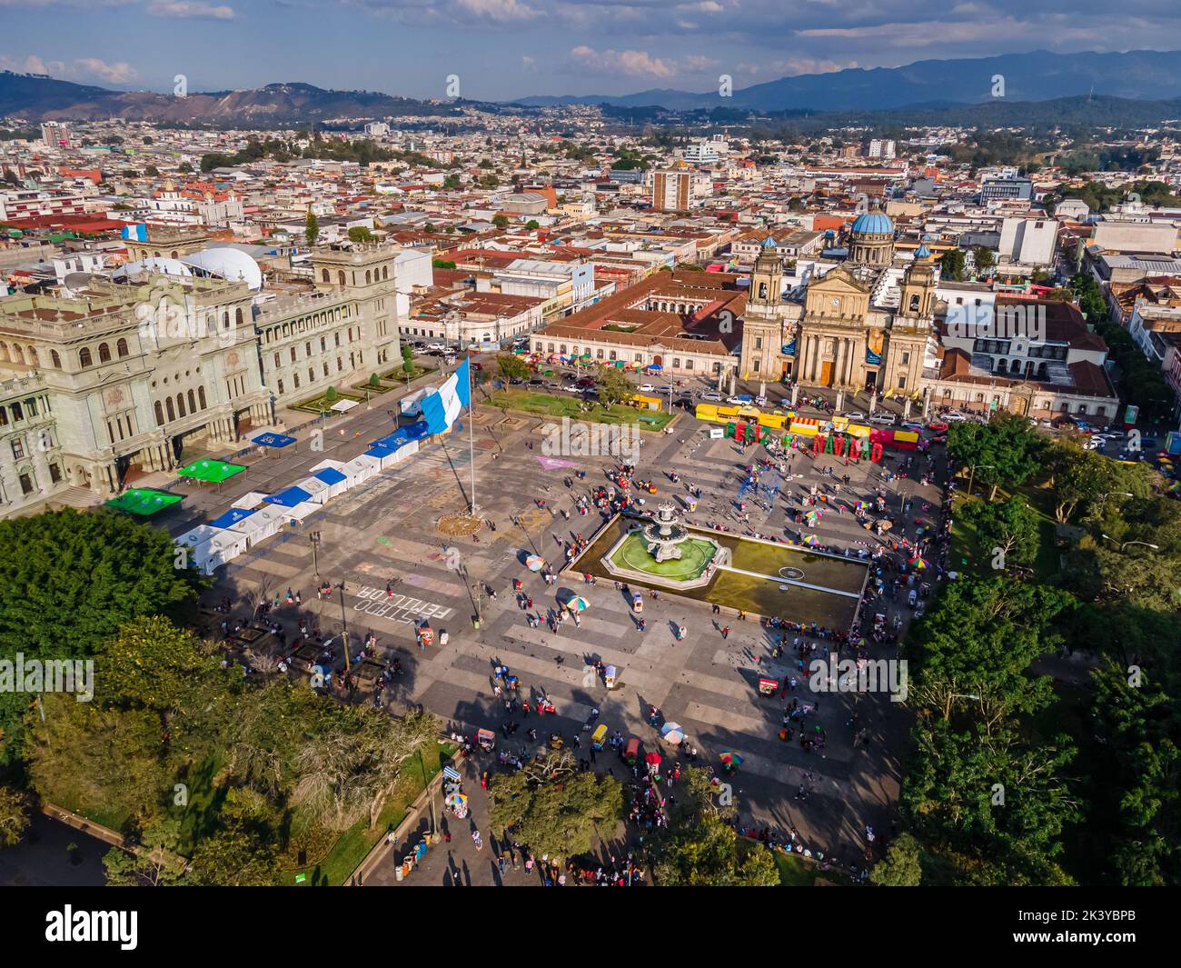 Beautiful aerial view of Guatemala City - Catedral Metropolitana de Santiago de Guatemala, the Constitution Plaza in Guatemala Stock Photo