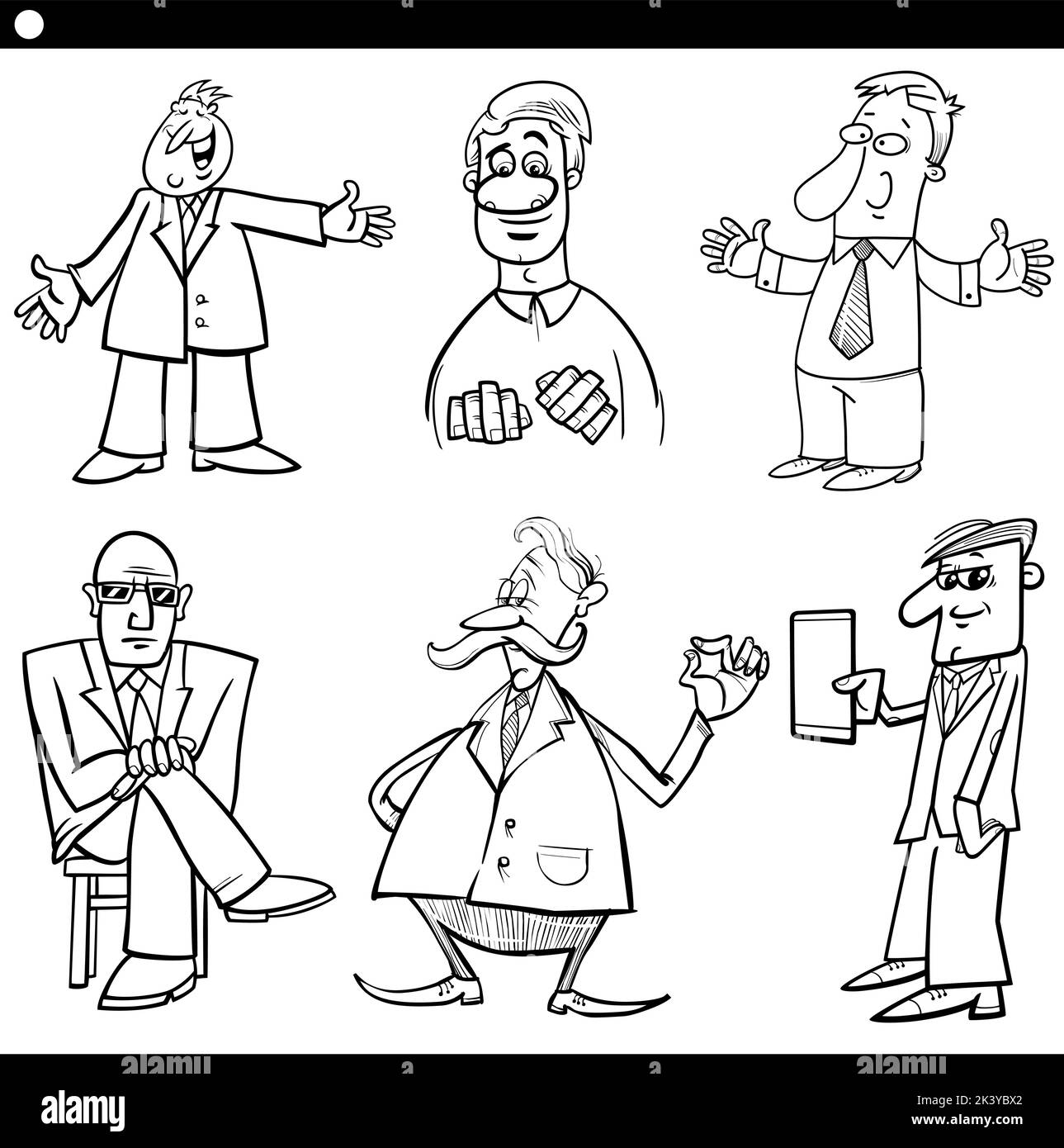 Black and white cartoon illustration of funny men comic characters set