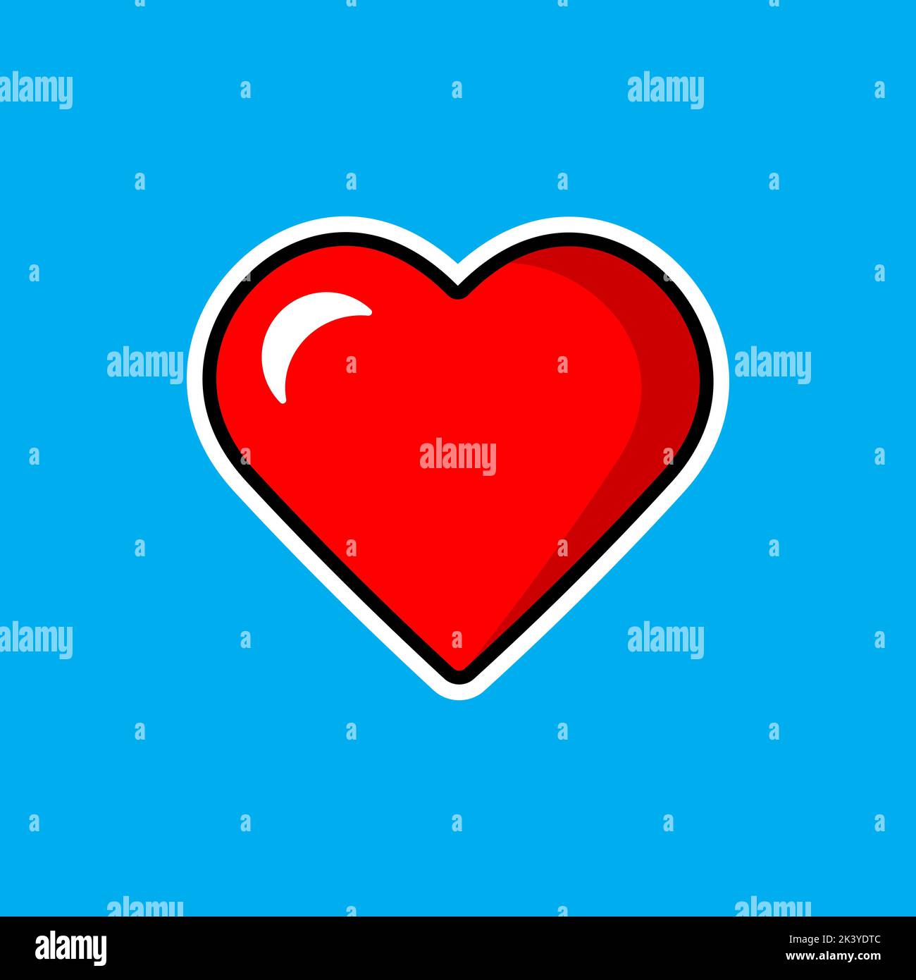 Cute cartoon red heart sticker blue background. Stock Vector