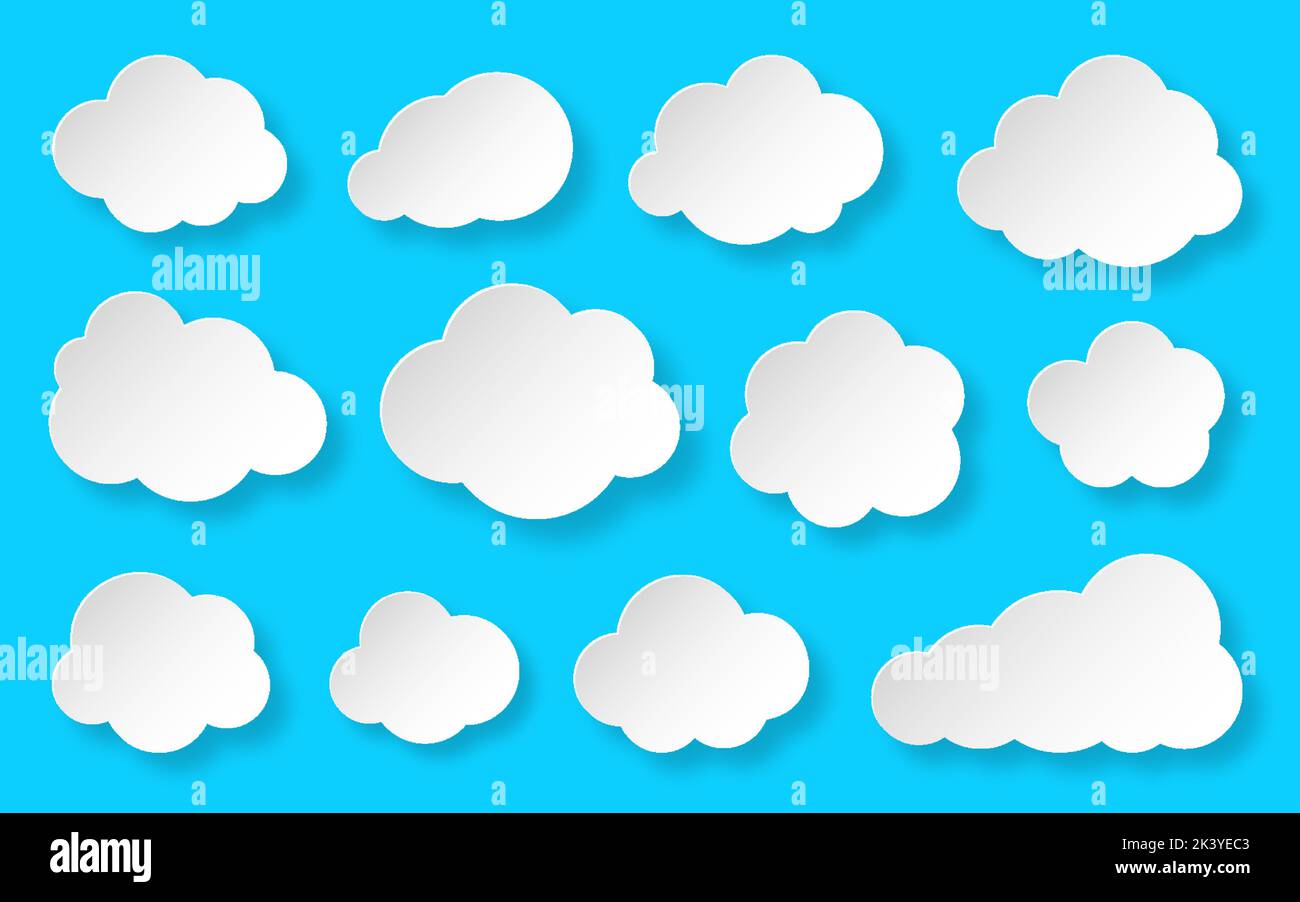 Paper cut clouds set on blue sky background. Forecast white cute cloud ...