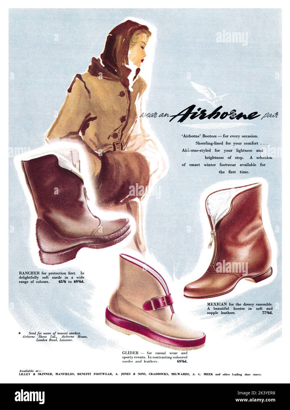 1950 British advertisement for winter bootees by Airborne. Stock Photo