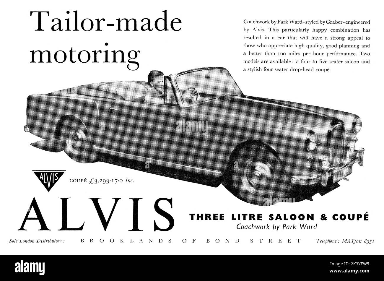 1959 British advertisement for the Alvis Three Litre Saloon and Coupé motor car. Stock Photo