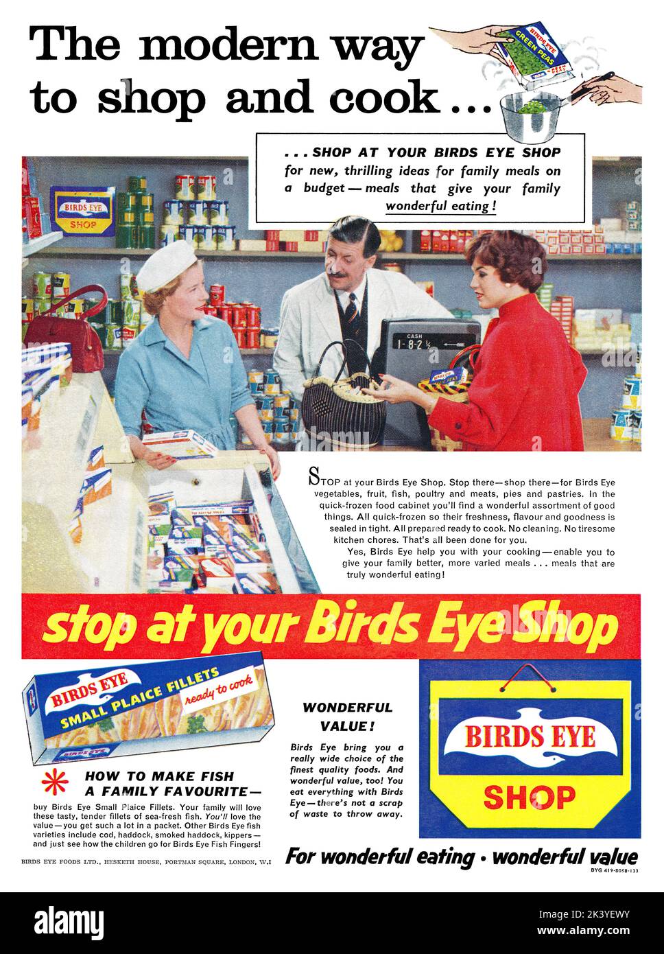 1959 British advertisement for Birds Eye frozen foods. Stock Photo