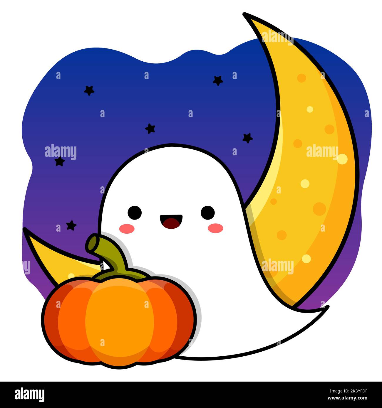 Little smiling ghost. Pumpkins and the Moon. Halloween drawing. Vector