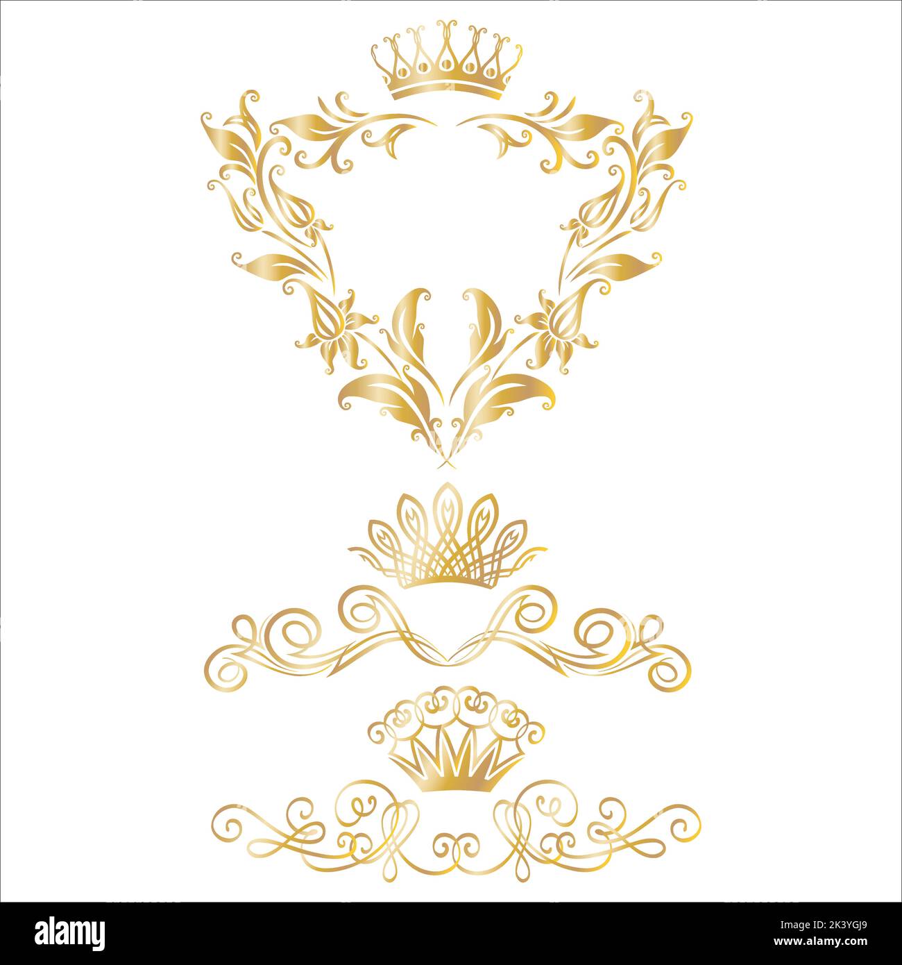 Vector Set Of Crown With Golden Ornaments Luxury Illustration Isolated