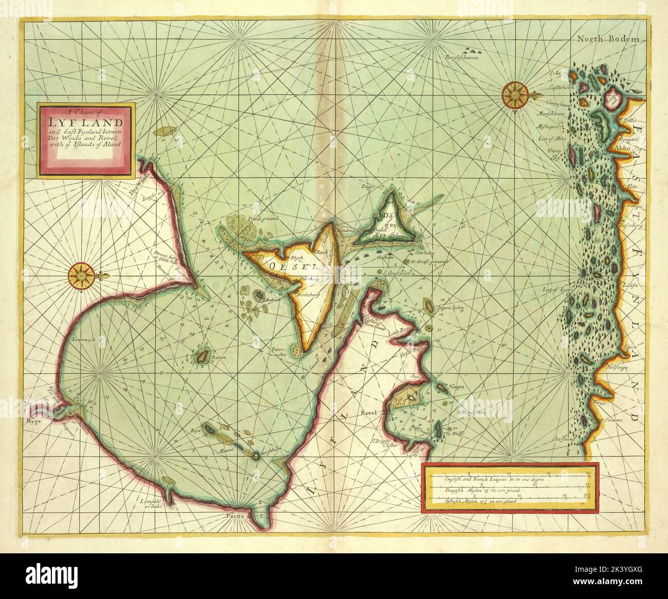 A chart of LYF LAND and East Fynland between Der Winda and Revel with Islands of Aland 1702 - 1707. Cartographic. Maps, Nautical charts. Lionel Pincus and Princess Firyal Map Division. Finland, Gulf of, Riga, Gulf of (Latvia and Estonia) Stock Photo