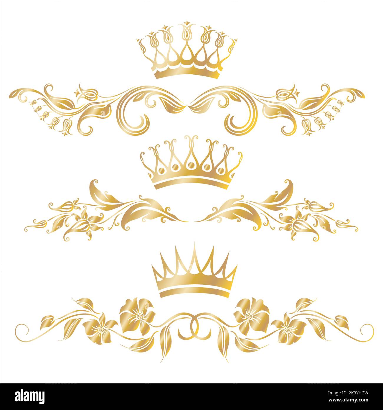 Vector Set Of Crown With Golden Ornaments Luxury Illustration Isolated ...