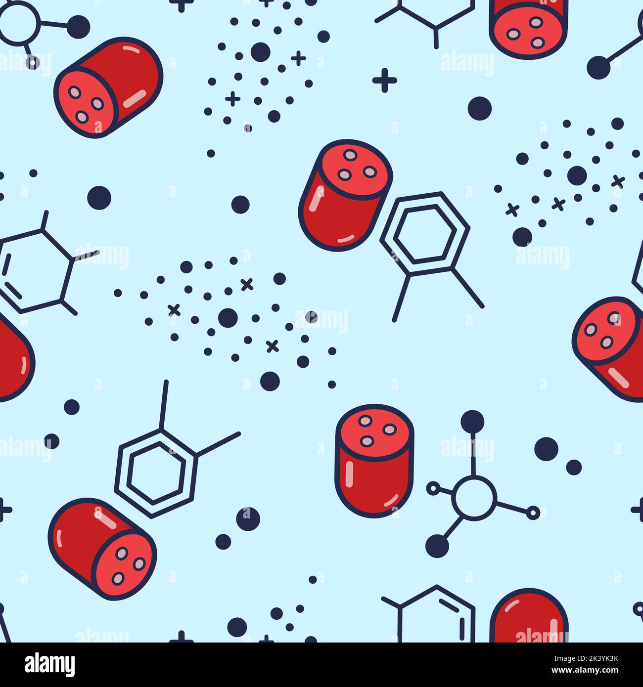 Seamless pattern on theme of fake meat grown in laboratory. Sausages and chemical elements on blue background. Stock Vector