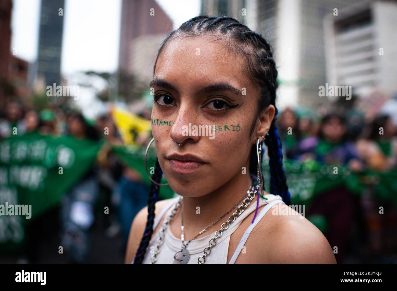Bogota, Colombia. 28th Sep, 2022. A demonstrator poses for a portrait during the International Day for the Remembrance of the Slave Trade and its Abolition demonstrations in Bogota, Colombia, September 28, 2022. Colombia became one of the first countries in Latin America to decriminalize abortions up to week 24. Photo by: Chepa Beltran/Long Visual Press Credit: Long Visual Press/Alamy Live News Stock Photo