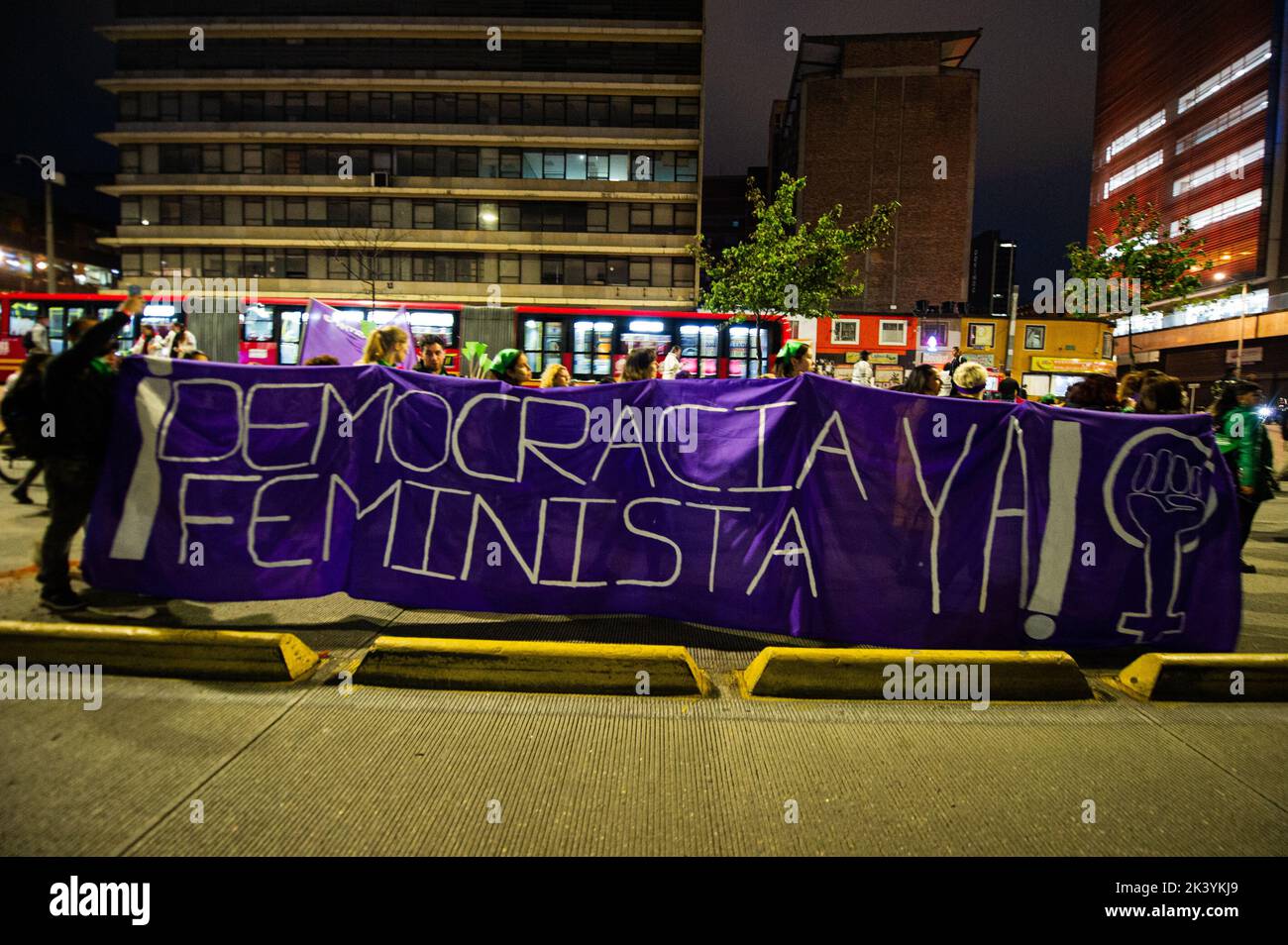 Bogota, Colombia. 28th Sep, 2022. Demonstrators hold signs and feminist flags during the International Day for the Remembrance of the Slave Trade and its Abolition demonstrations in Bogota, Colombia, September 28, 2022. Colombia became one of the first countries in Latin America to decriminalize abortions up to week 24. Photo by: Chepa Beltran/Long Visual Press Credit: Long Visual Press/Alamy Live News Stock Photo