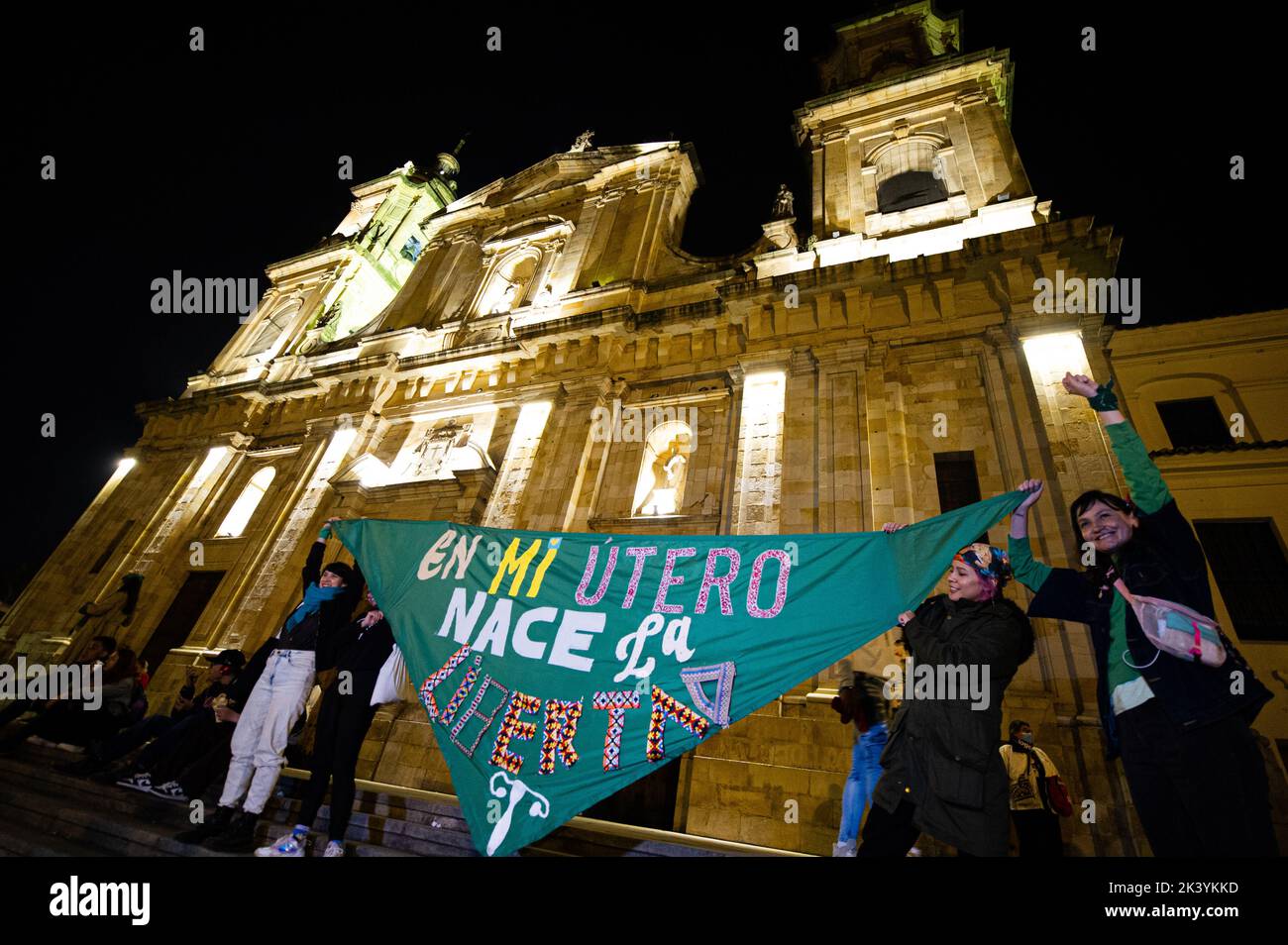 Bogota, Colombia. 28th Sep, 2022. Demonstrators hold signs and feminist flags during the International Day for the Remembrance of the Slave Trade and its Abolition demonstrations in Bogota, Colombia, September 28, 2022. Colombia became one of the first countries in Latin America to decriminalize abortions up to week 24. Photo by: Chepa Beltran/Long Visual Press Credit: Long Visual Press/Alamy Live News Stock Photo