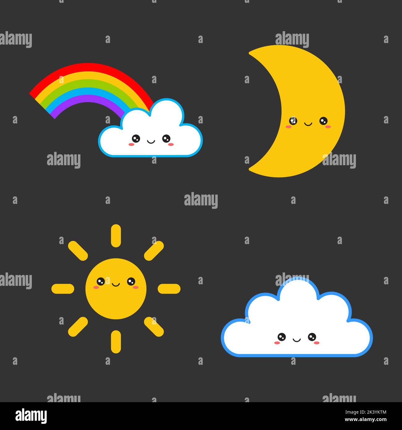 Cartoon illustration of cute characters. Cloud and rainbow, sun and ...