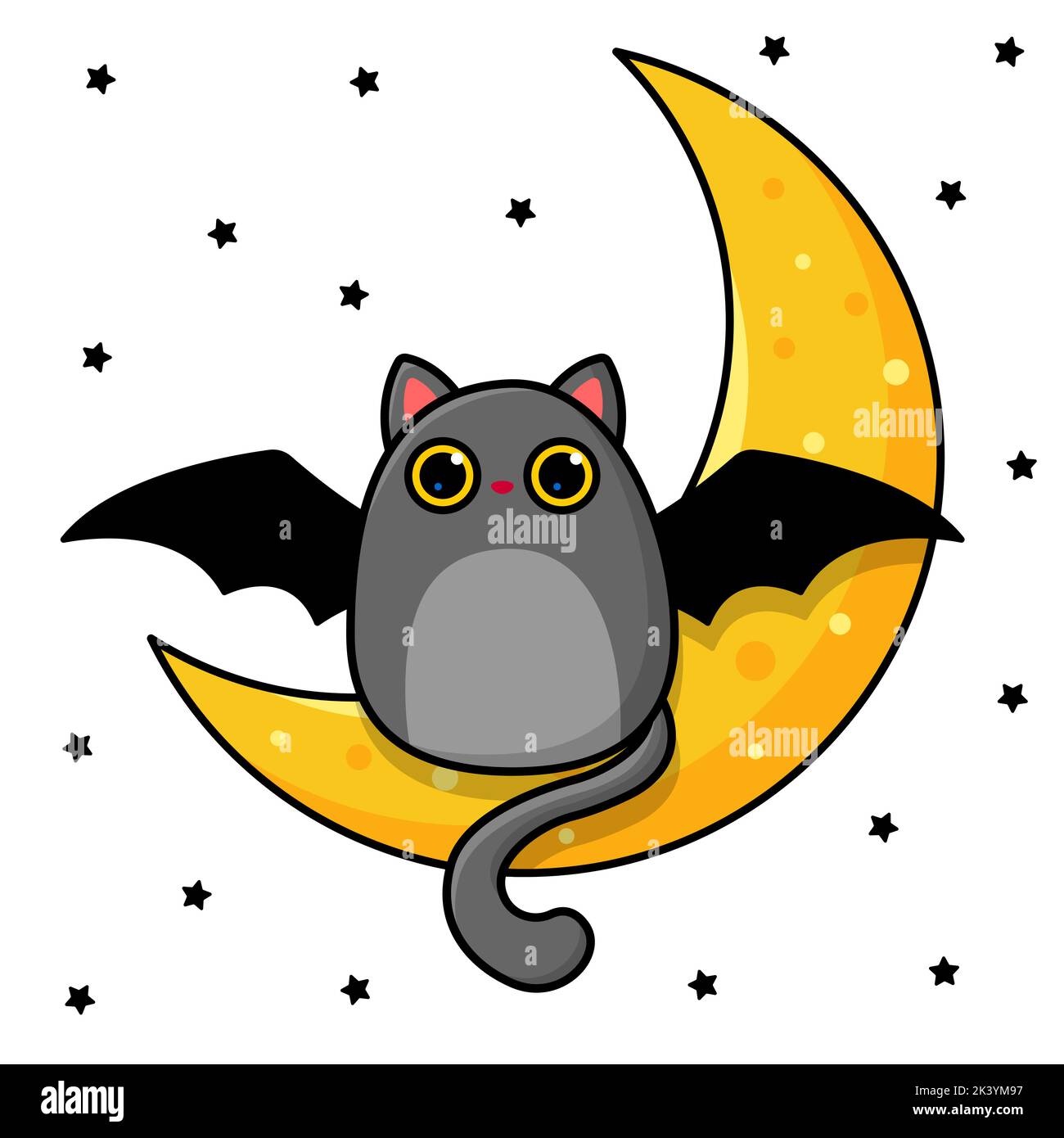 Fat gray cat with bat wings. Halloween drawing. Vector illustration