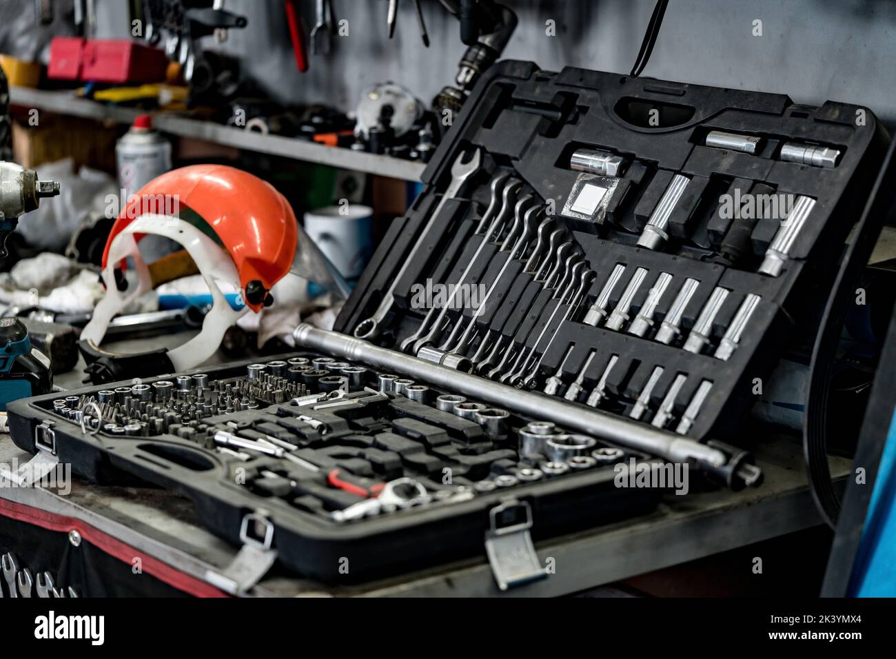 Set of hand tools in box at a car service Stock Photo Alamy