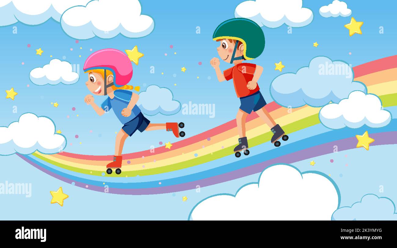 Kids playing skate on rainbow sky illustration Stock Vector Image & Art ...